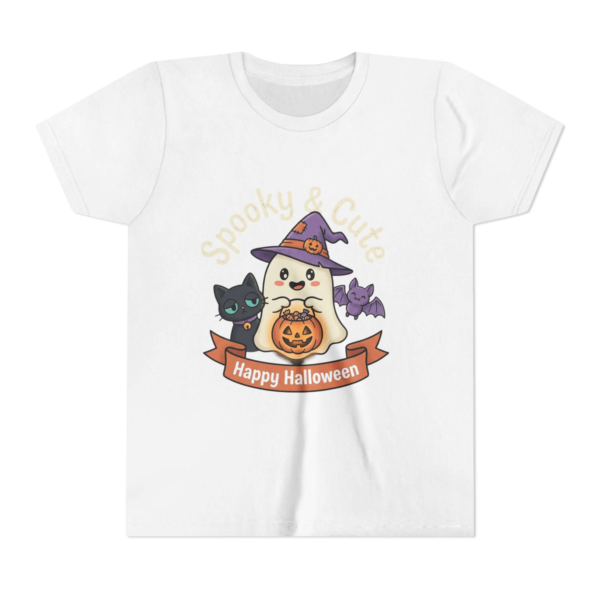 Youth Tee — "Spooky & Cute" Halloween Ghost with Black Cats Pumpkin
