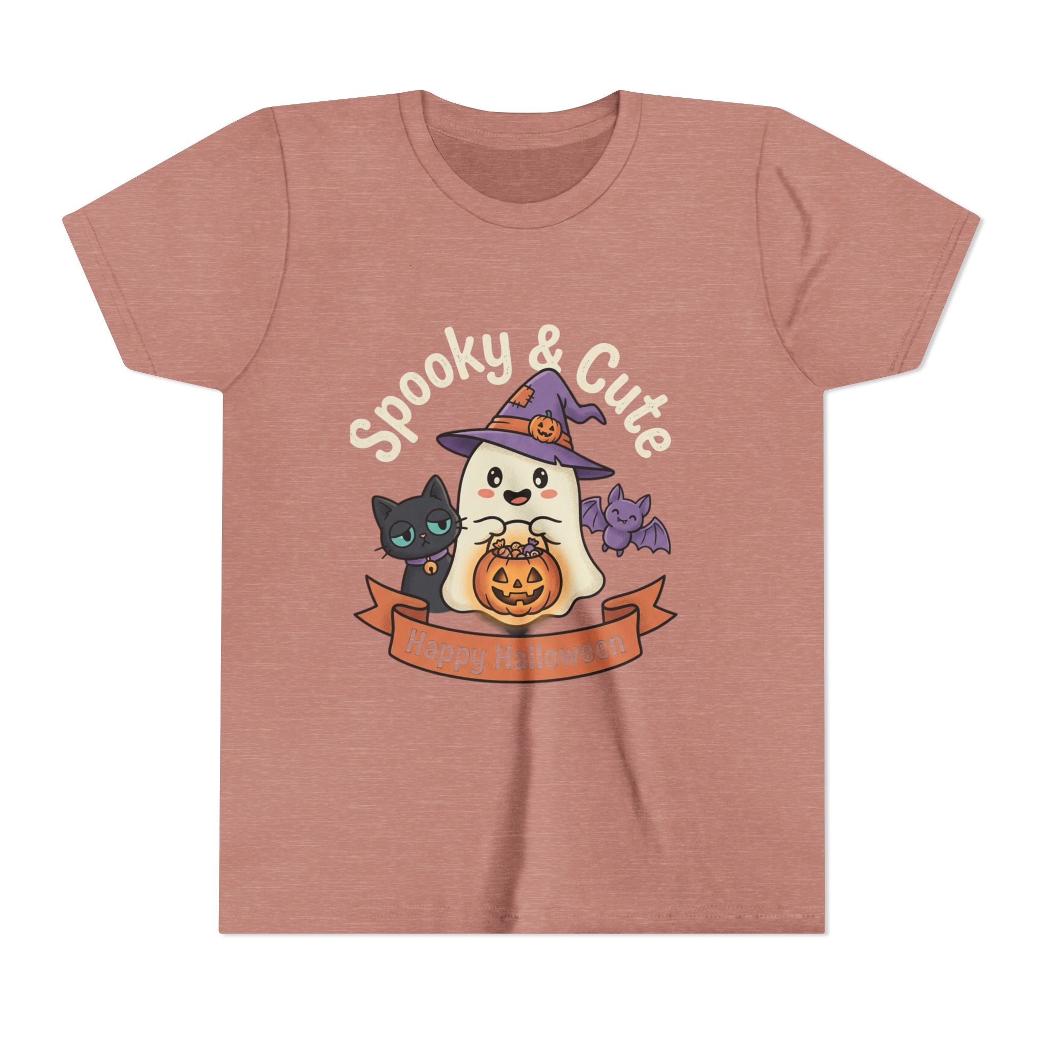 Youth Tee — "Spooky & Cute" Halloween Ghost with Black Cats Pumpkin