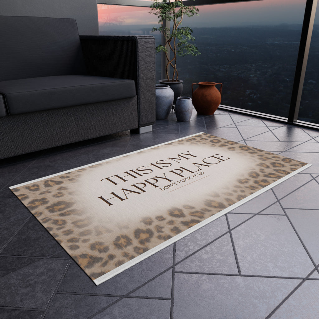 Outdoor Rug — "This Is My Happy Place" Leopard Print Doormat
