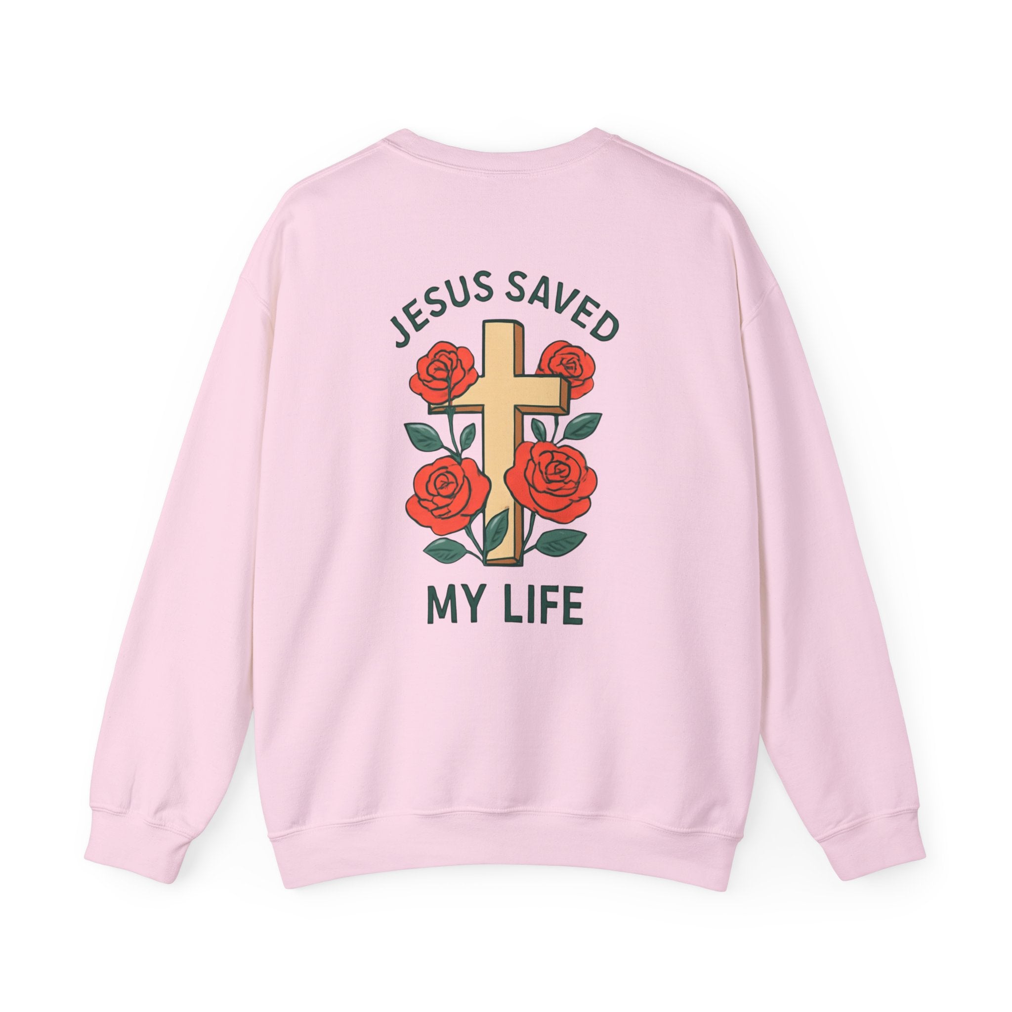 Christian Cross Sweatshirt — "Jesus Saved My Life" Crewneck with Wings & Roses