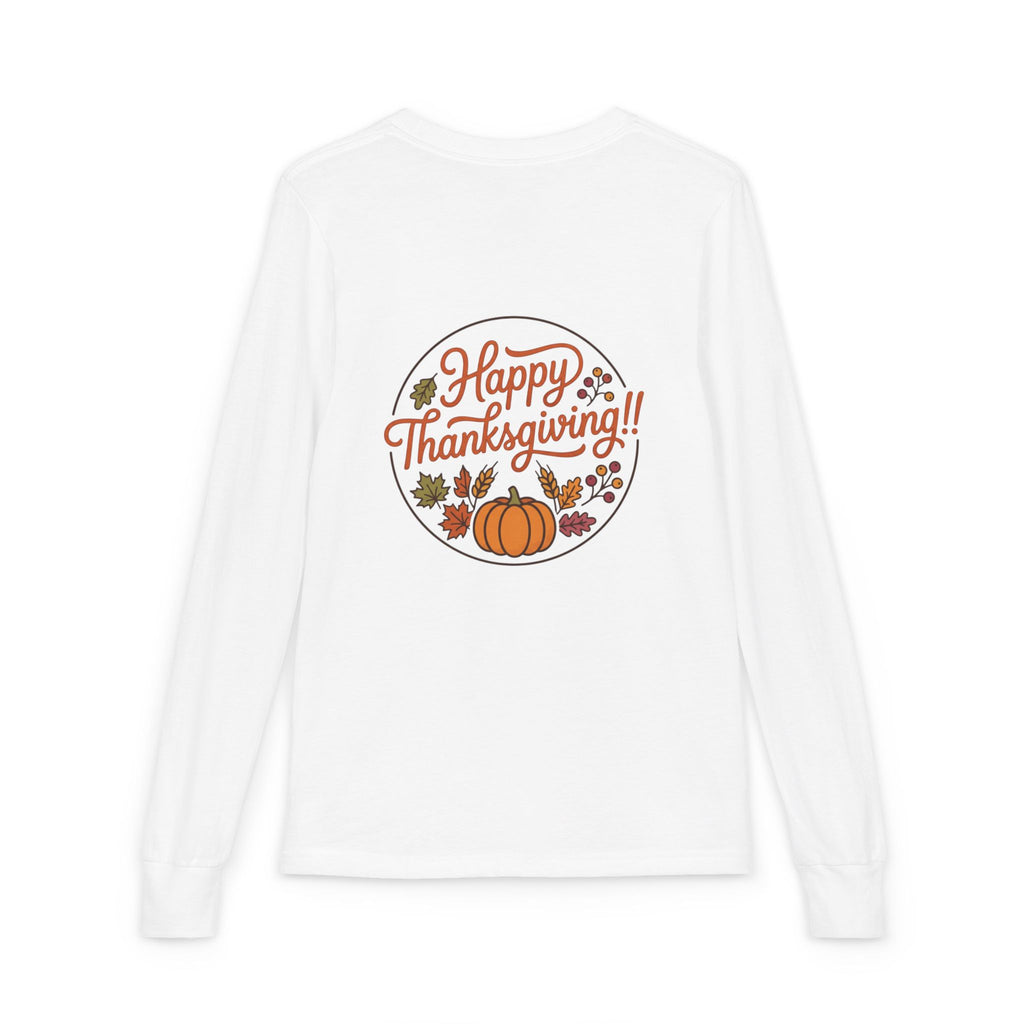 Thankful & Full Youth Long Sleeve Tee — Cute Turkey Thanksgiving Shirt