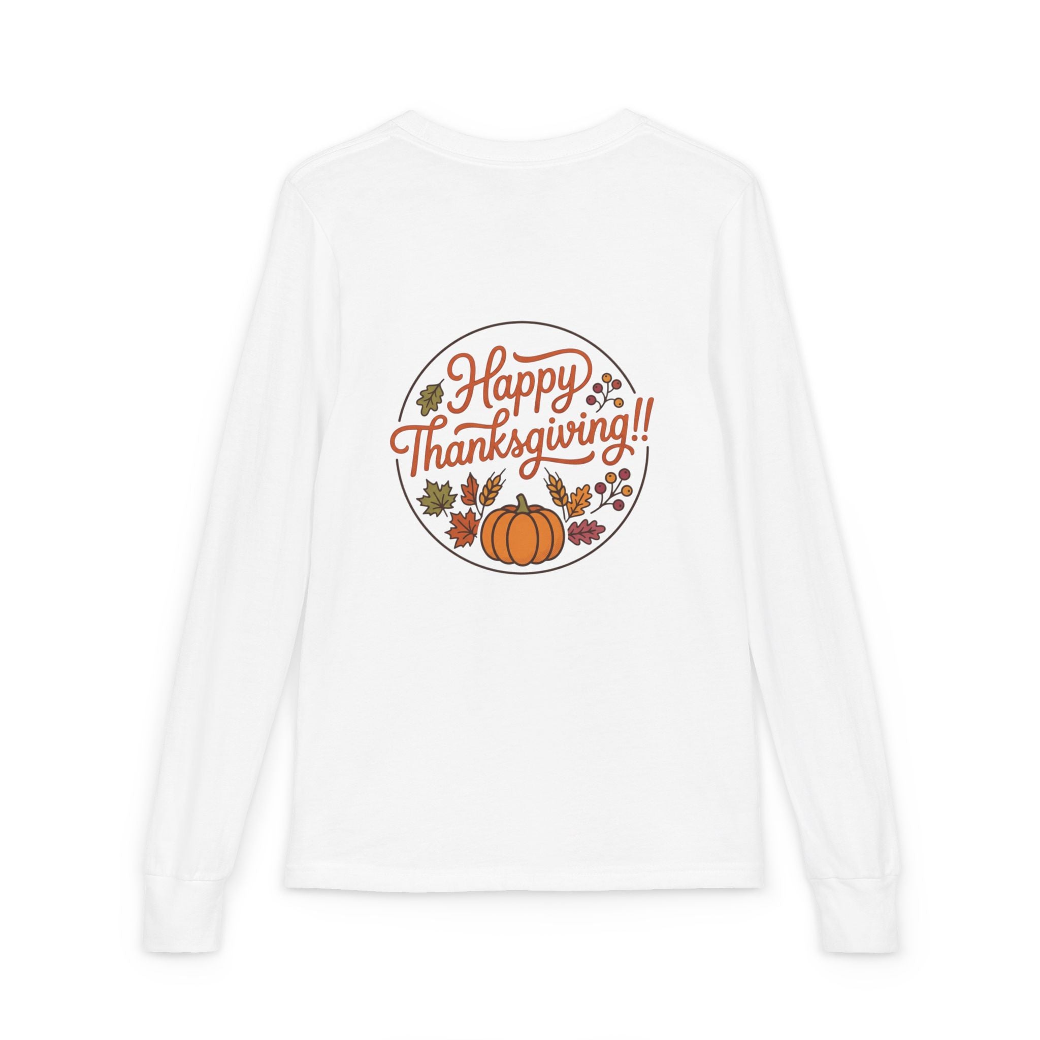 Thankful & Full Youth Long Sleeve Tee — Cute Turkey Thanksgiving Shirt