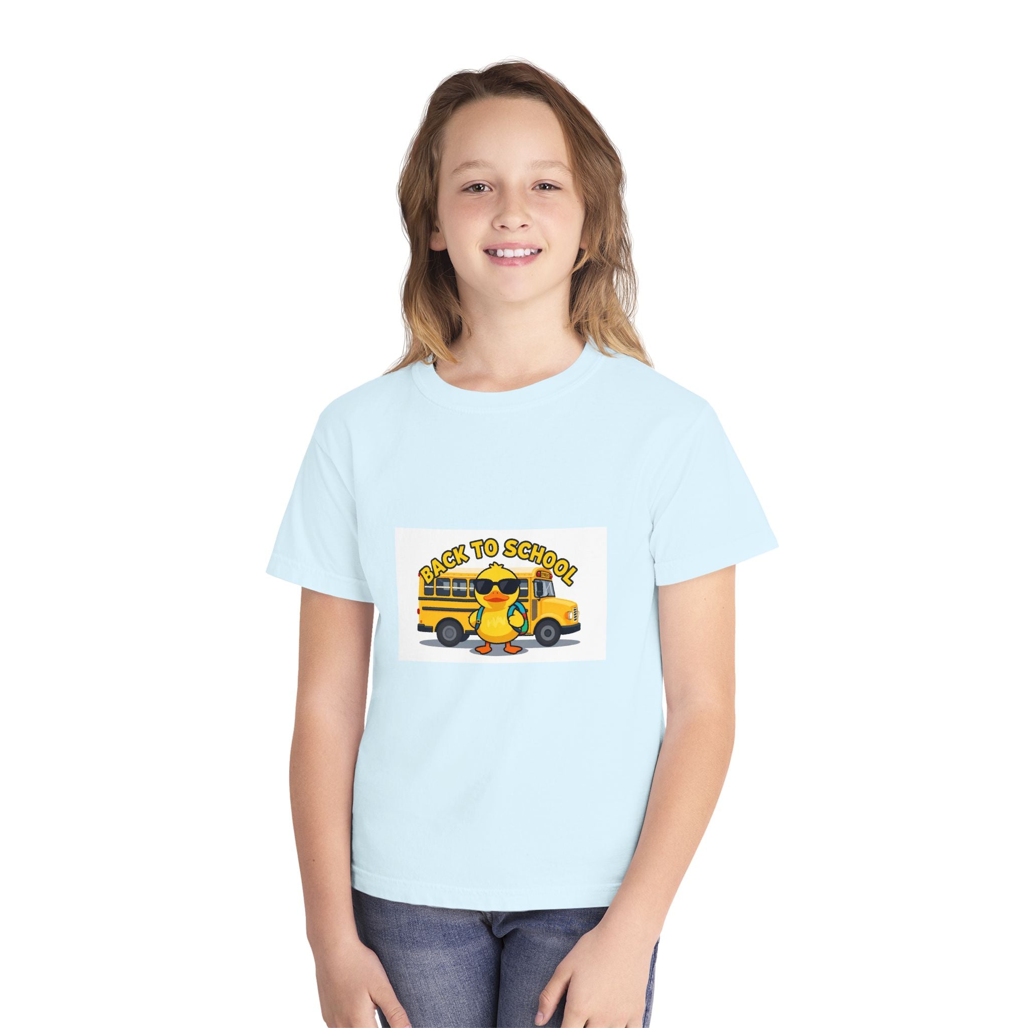 Back to School Youth Tee — Cute Duck & School Bus Kids Shirt