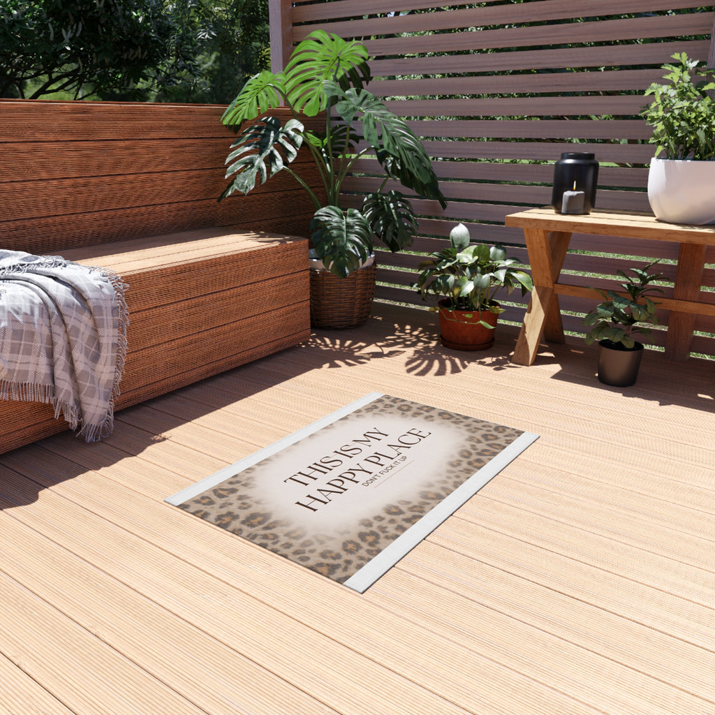 Outdoor Rug — "This Is My Happy Place" Leopard Print Doormat