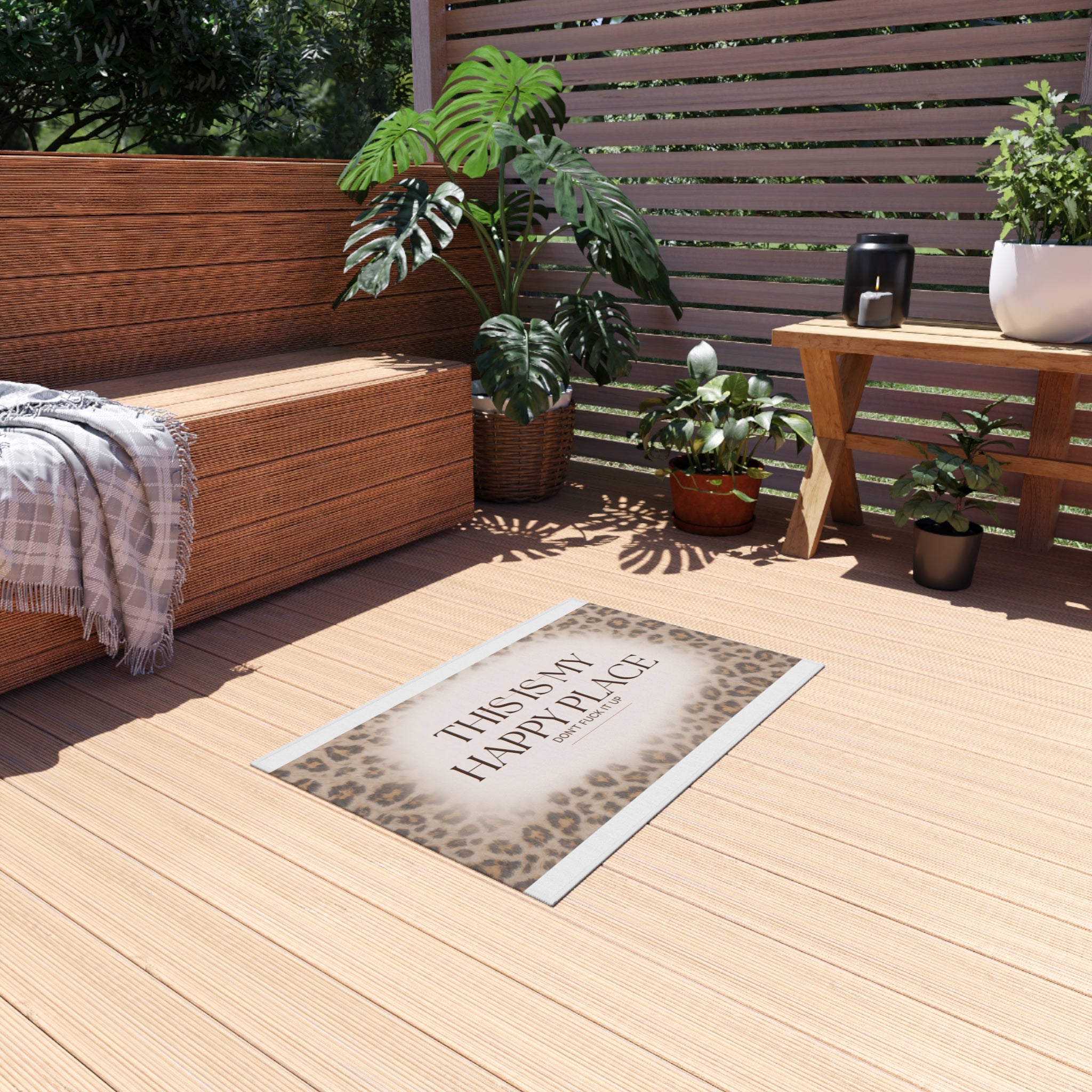 Outdoor Rug — "This Is My Happy Place" Leopard Print Doormat