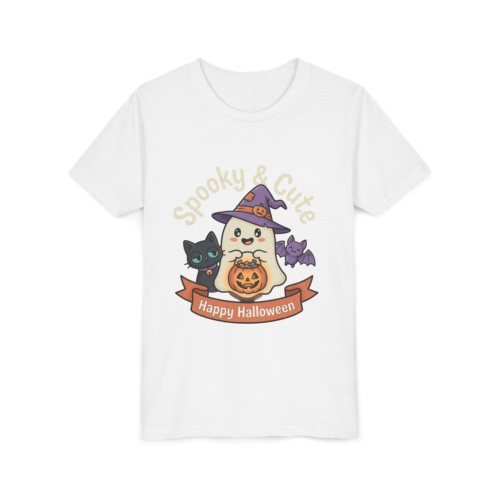 Youth Tee — "Spooky & Cute" Halloween Ghost with Black Cats Pumpkin