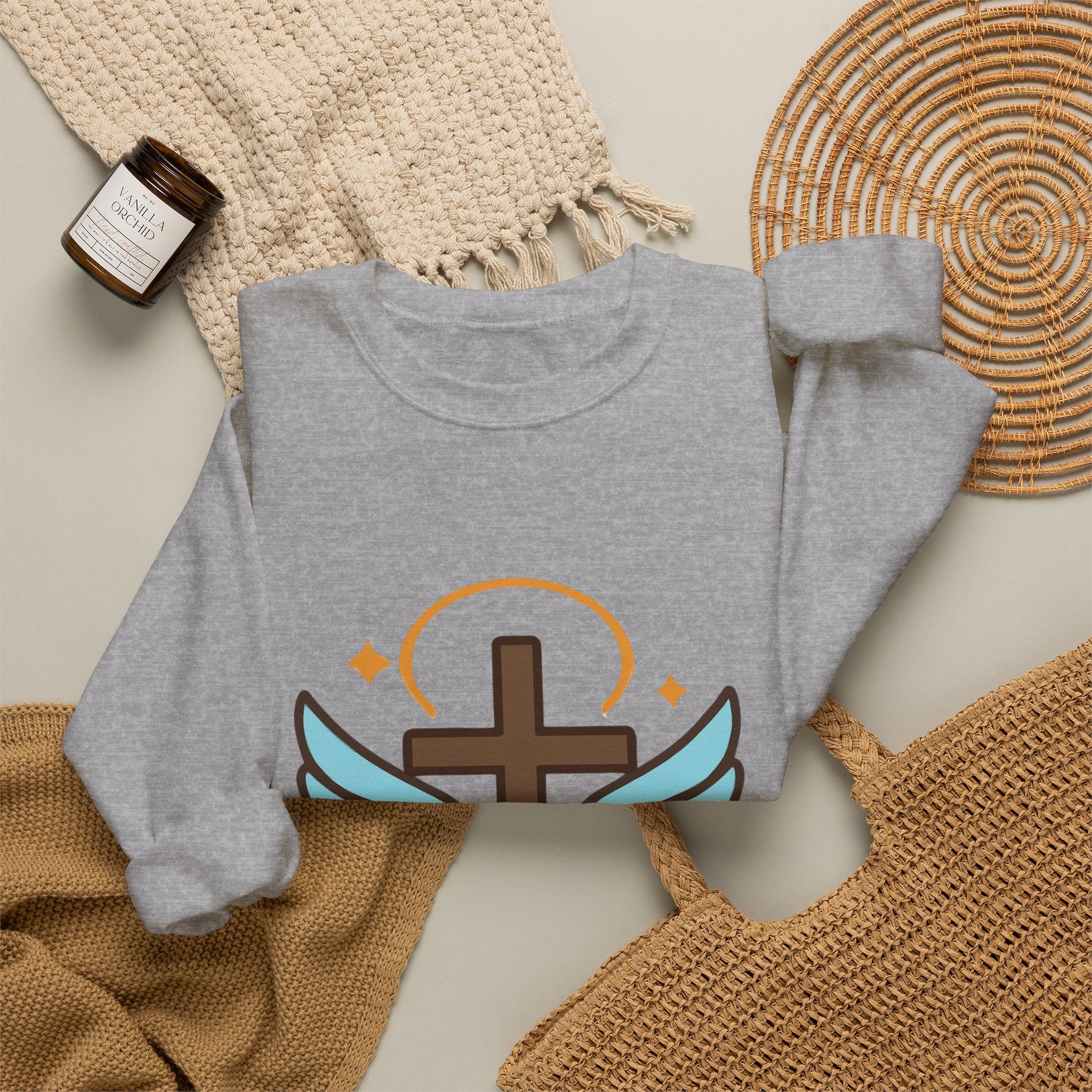 Christian Cross Sweatshirt — "Jesus Saved My Life" Crewneck with Wings & Roses