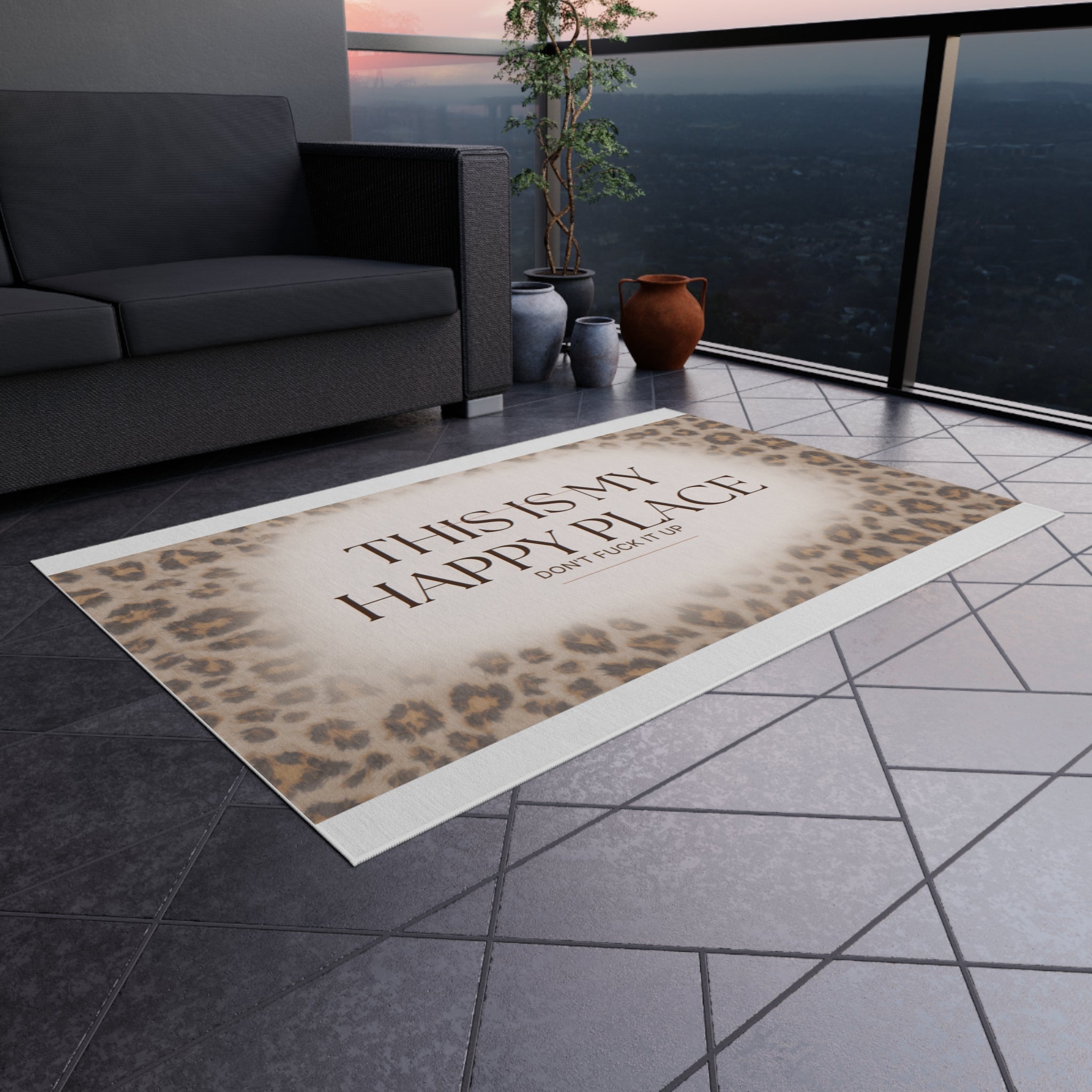 Outdoor Rug — "This Is My Happy Place" Leopard Print Doormat