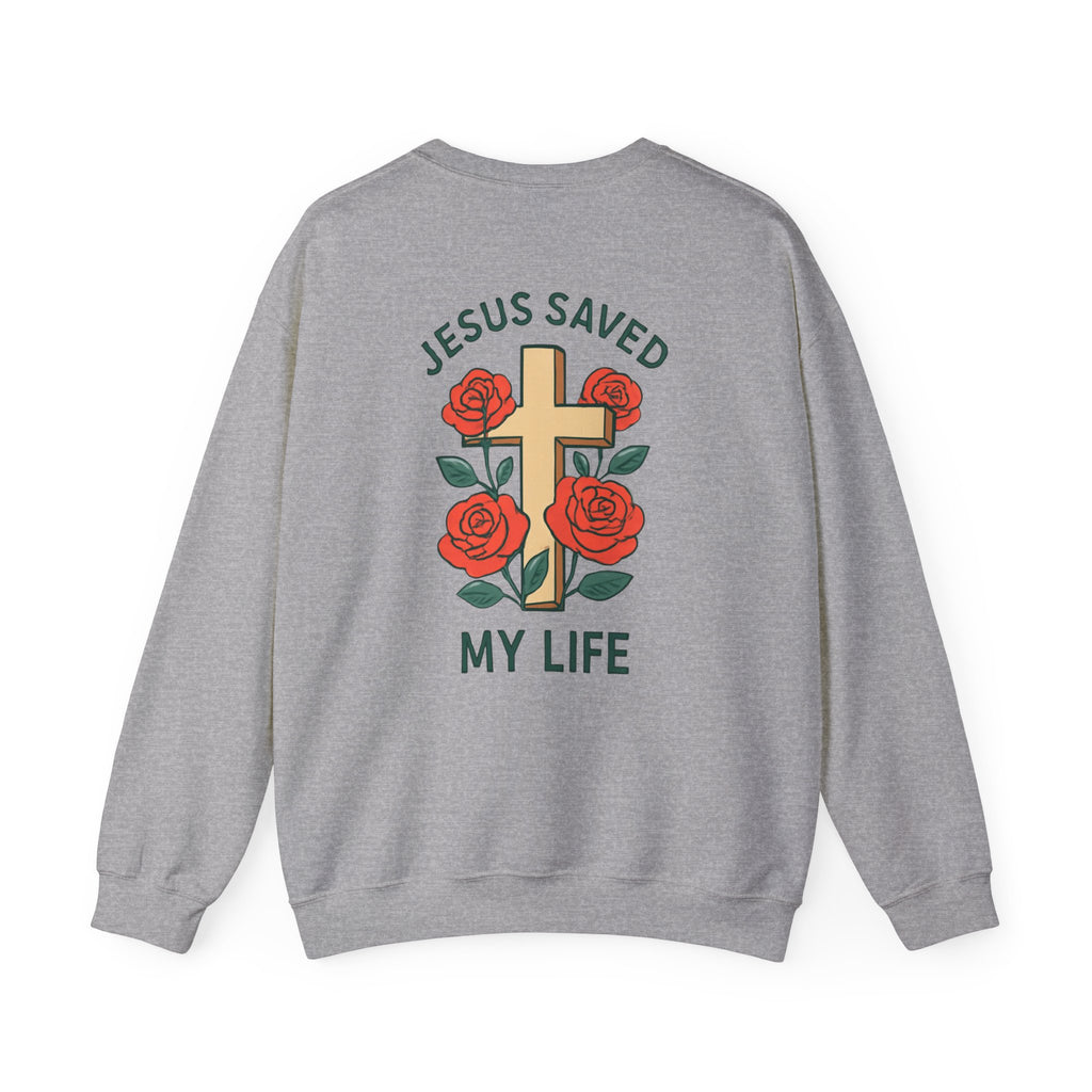 Christian Cross Sweatshirt — "Jesus Saved My Life" Crewneck with Wings & Roses