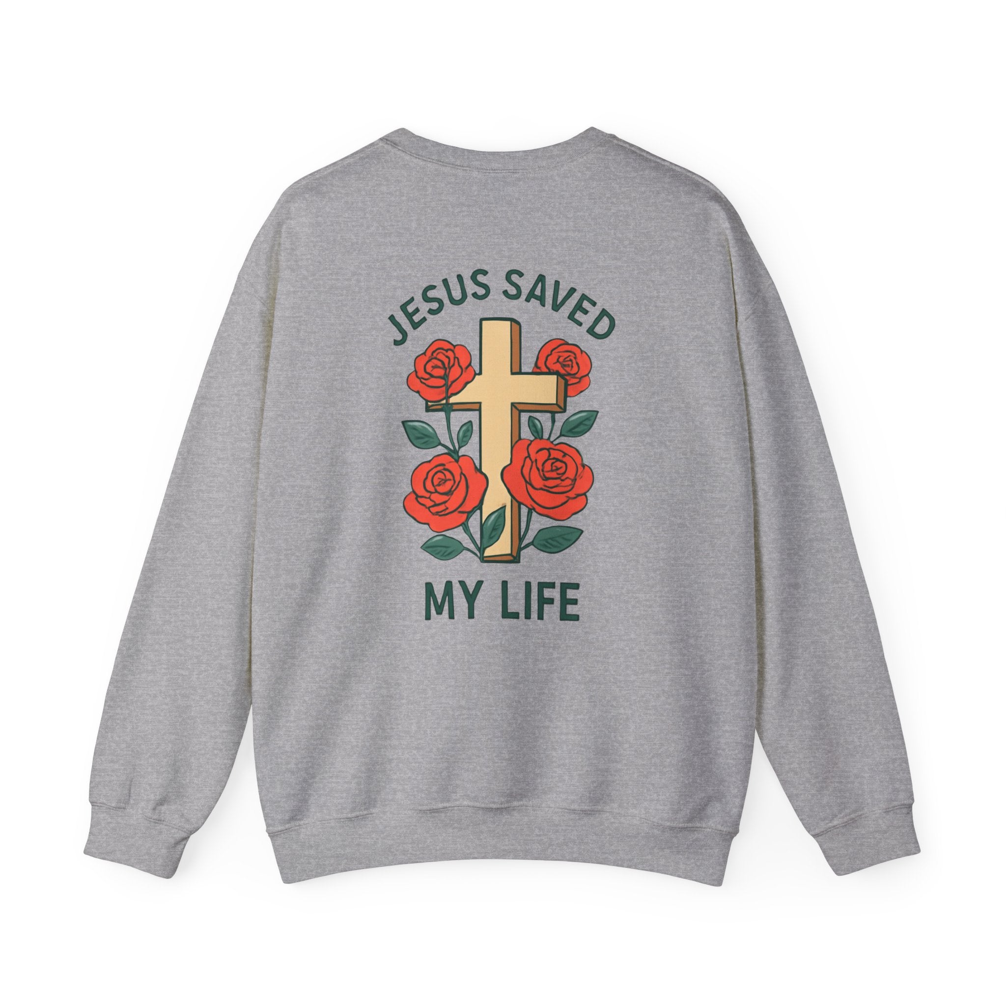 Christian Cross Sweatshirt — "Jesus Saved My Life" Crewneck with Wings & Roses