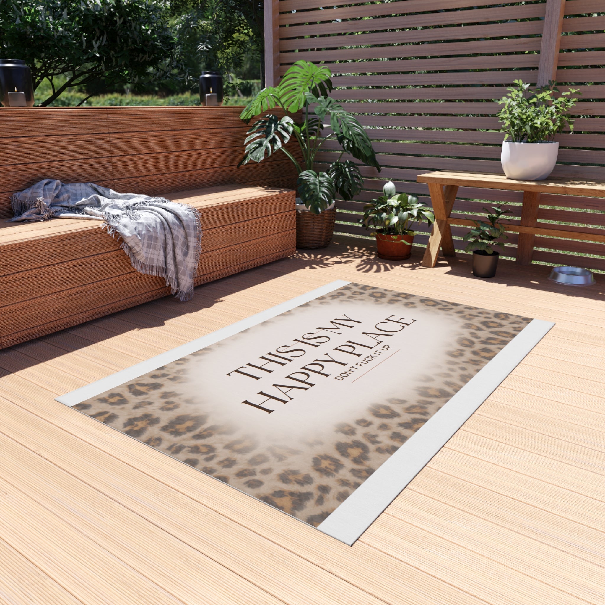 Outdoor Rug — "This Is My Happy Place" Leopard Print Doormat