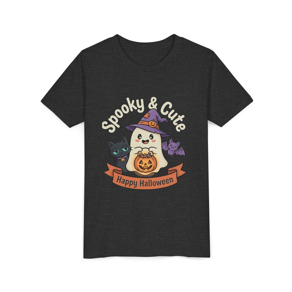 Youth Tee — "Spooky & Cute" Halloween Ghost with Black Cats Pumpkin