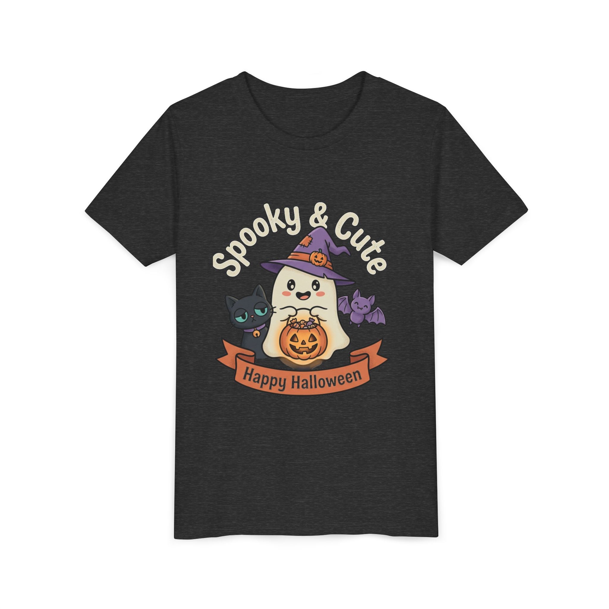 Youth Tee — "Spooky & Cute" Halloween Ghost with Black Cats Pumpkin