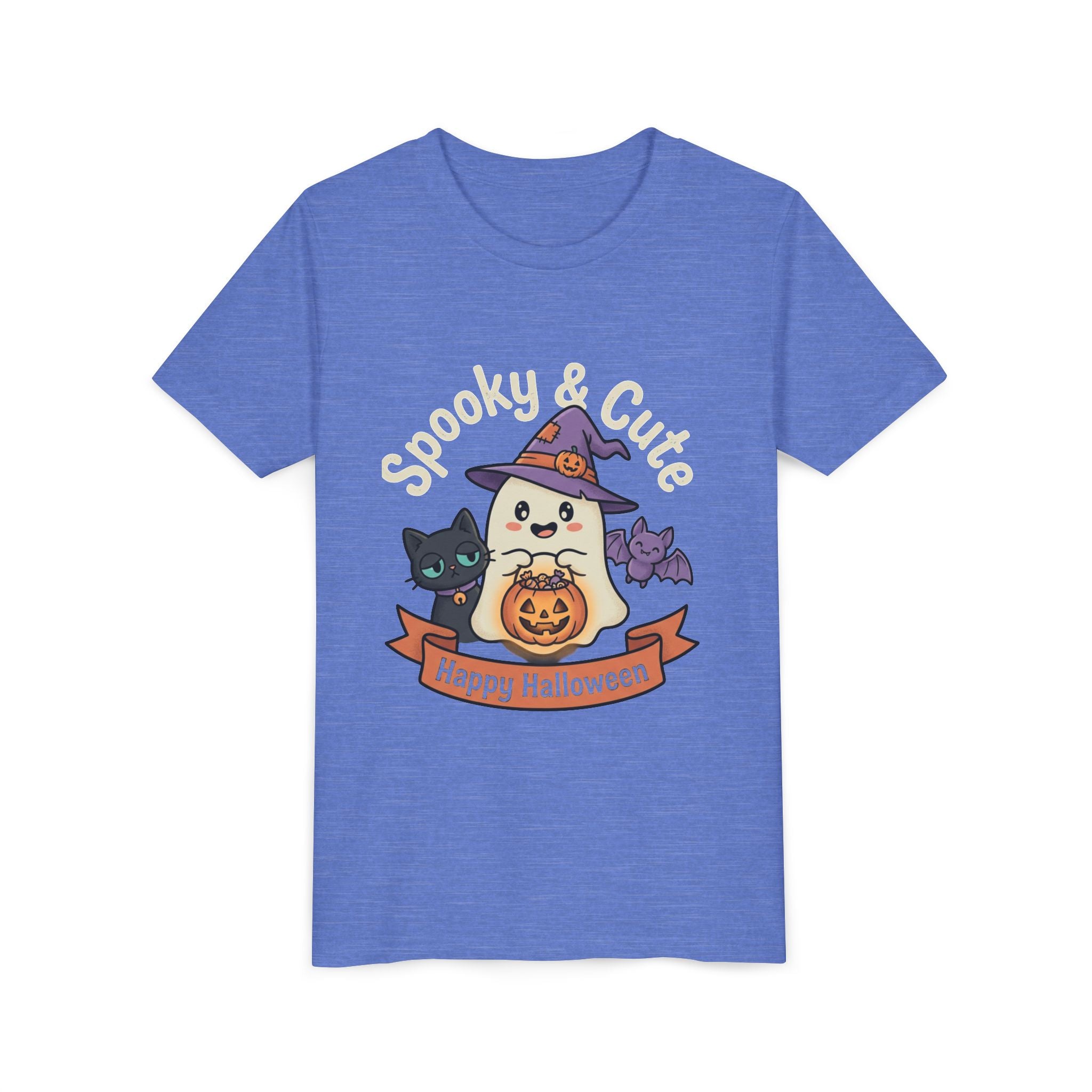 Youth Tee — "Spooky & Cute" Halloween Ghost with Black Cats Pumpkin