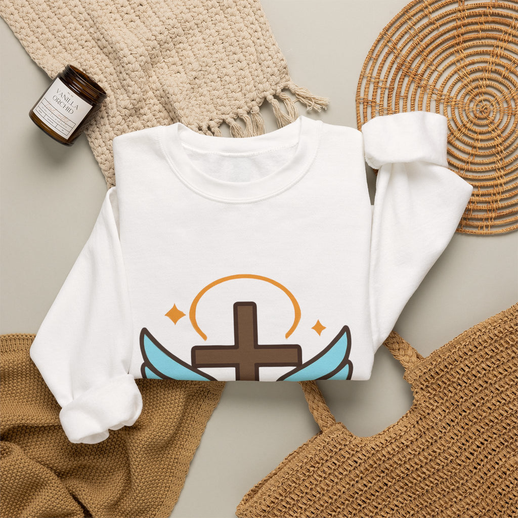 Christian Cross Sweatshirt — "Jesus Saved My Life" Crewneck with Wings & Roses