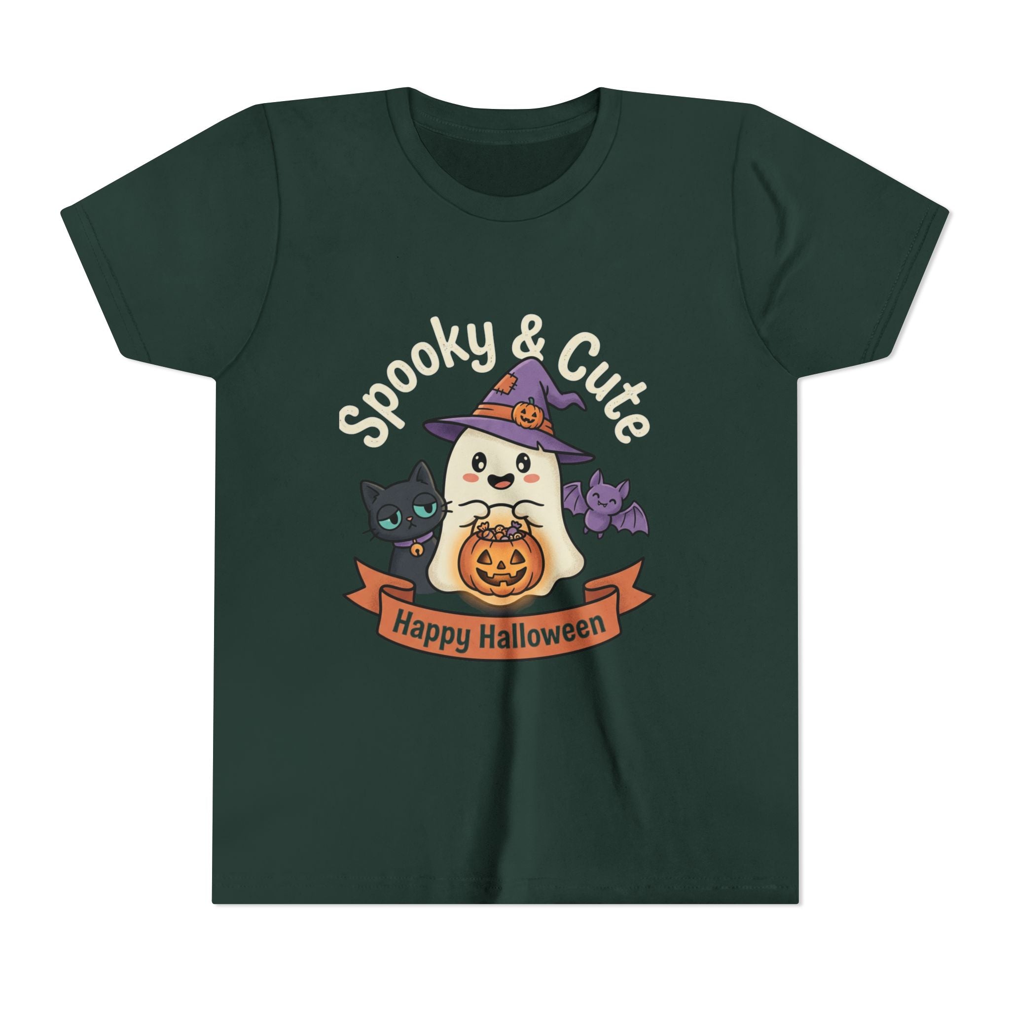 Youth Tee — "Spooky & Cute" Halloween Ghost with Black Cats Pumpkin