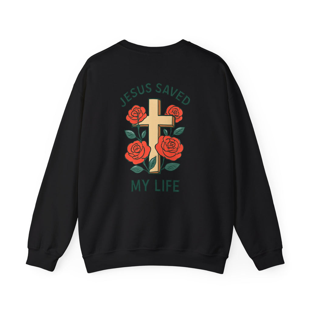Christian Cross Sweatshirt — "Jesus Saved My Life" Crewneck with Wings & Roses