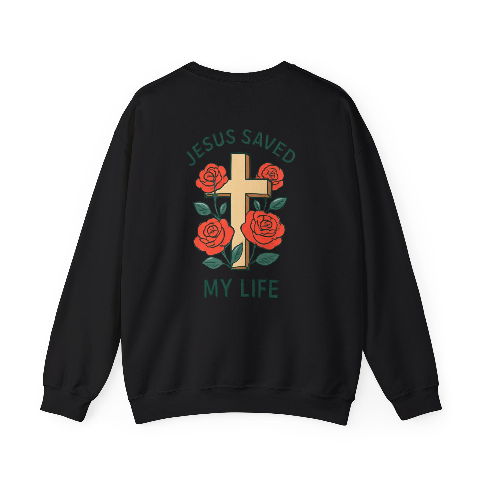Christian Cross Sweatshirt — "Jesus Saved My Life" Crewneck with Wings & Roses