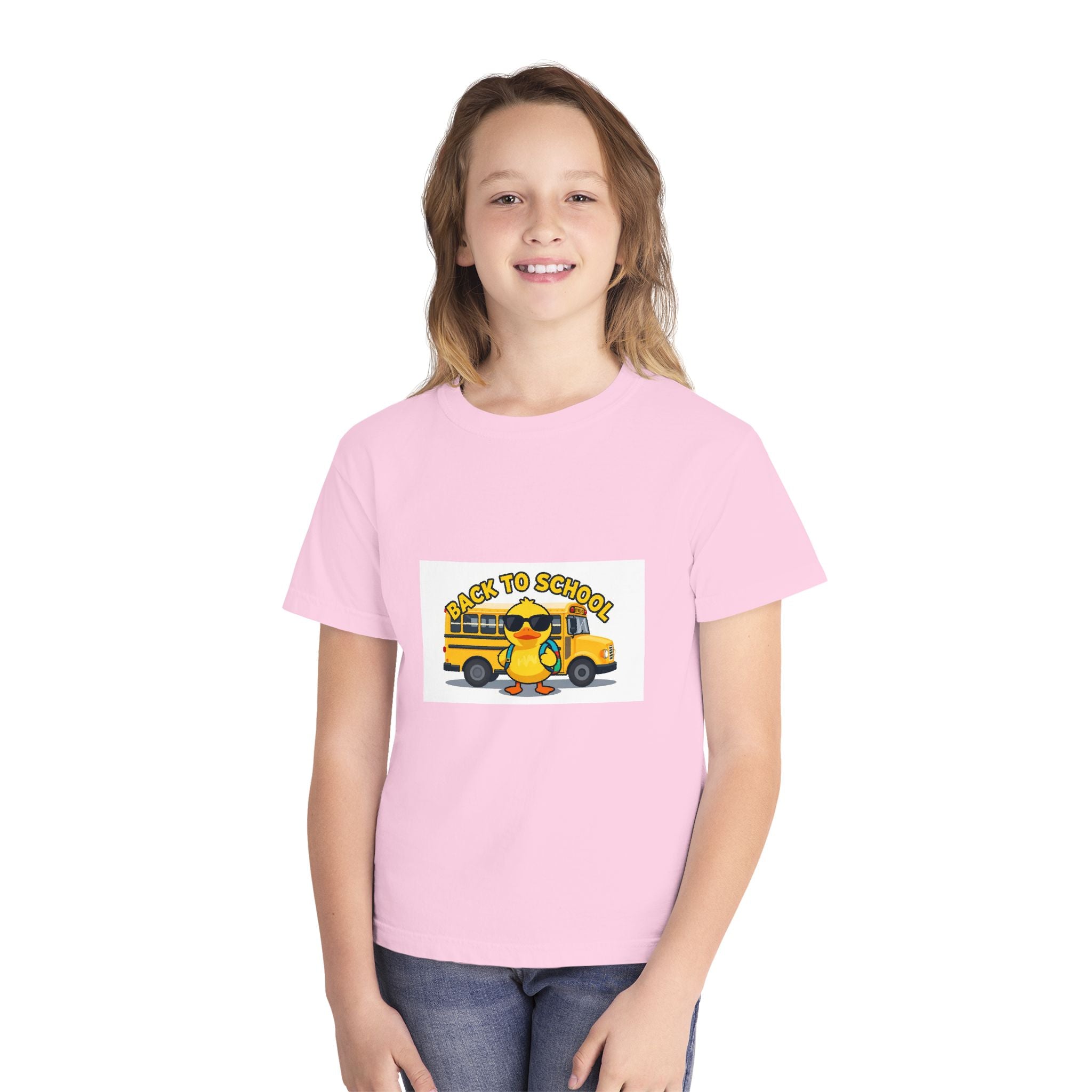 Back to School Youth Tee — Cute Duck & School Bus Kids Shirt