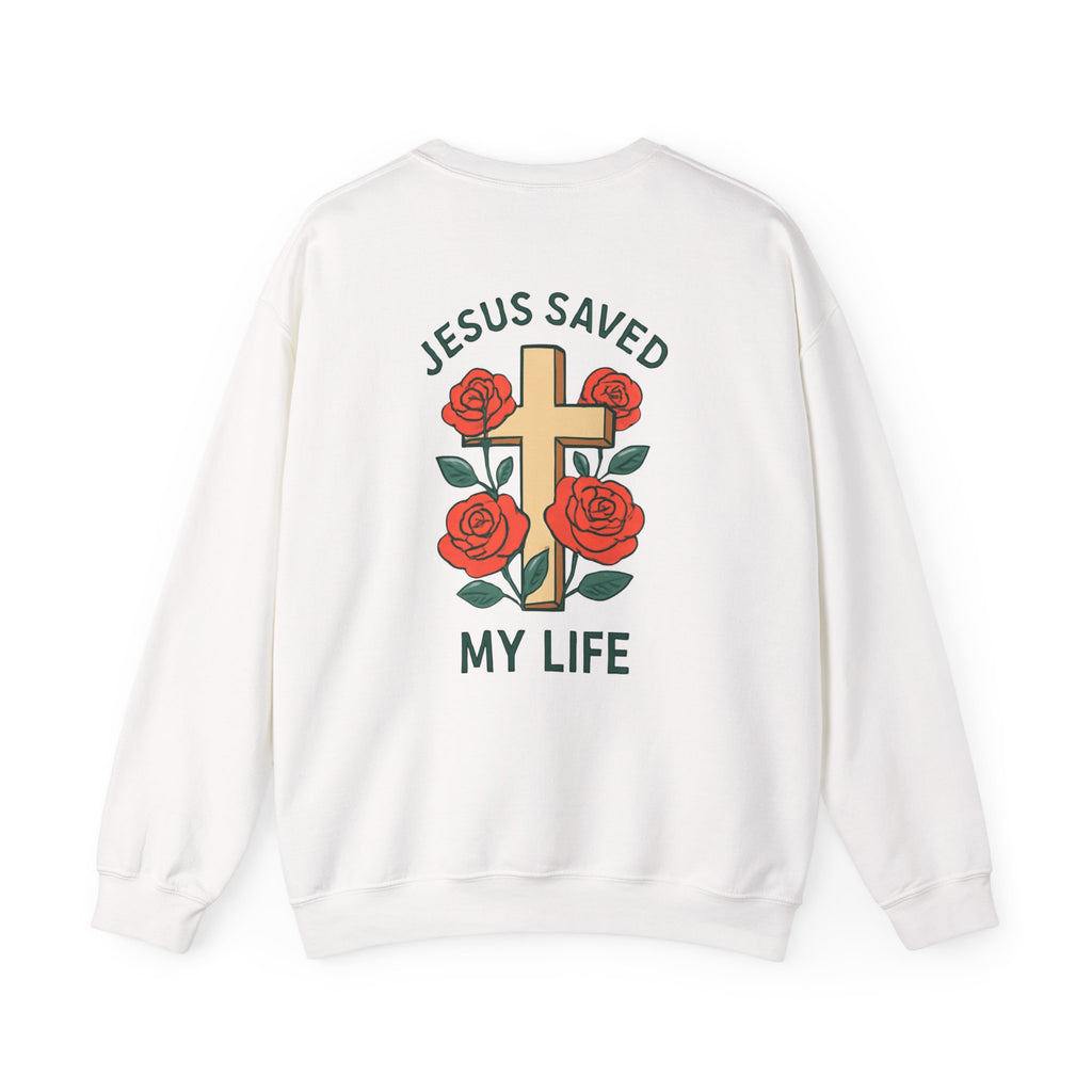 Christian Cross Sweatshirt — "Jesus Saved My Life" Crewneck with Wings & Roses