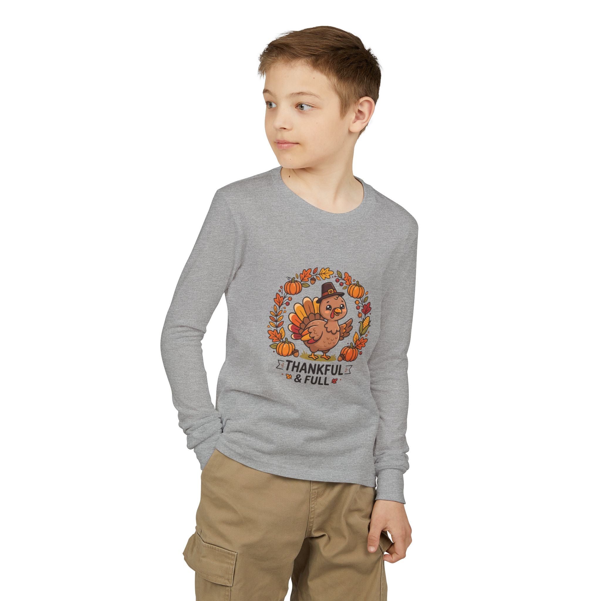 Thankful & Full Youth Long Sleeve Tee — Cute Turkey Thanksgiving Shirt