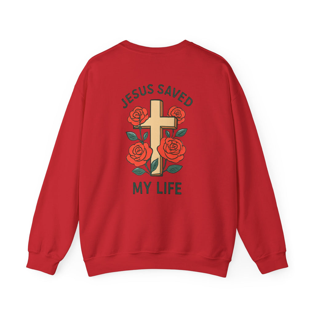 Christian Cross Sweatshirt — "Jesus Saved My Life" Crewneck with Wings & Roses