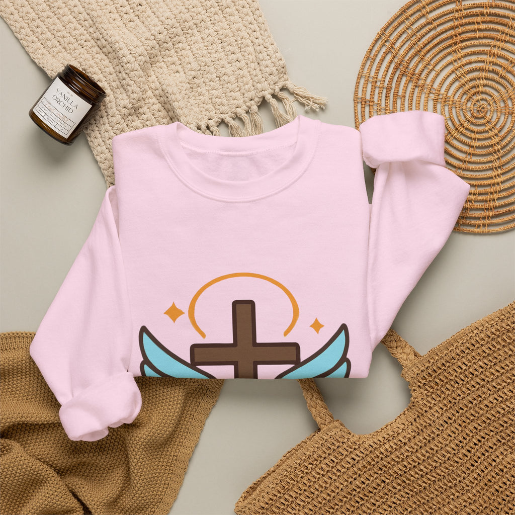 Christian Cross Sweatshirt — "Jesus Saved My Life" Crewneck with Wings & Roses