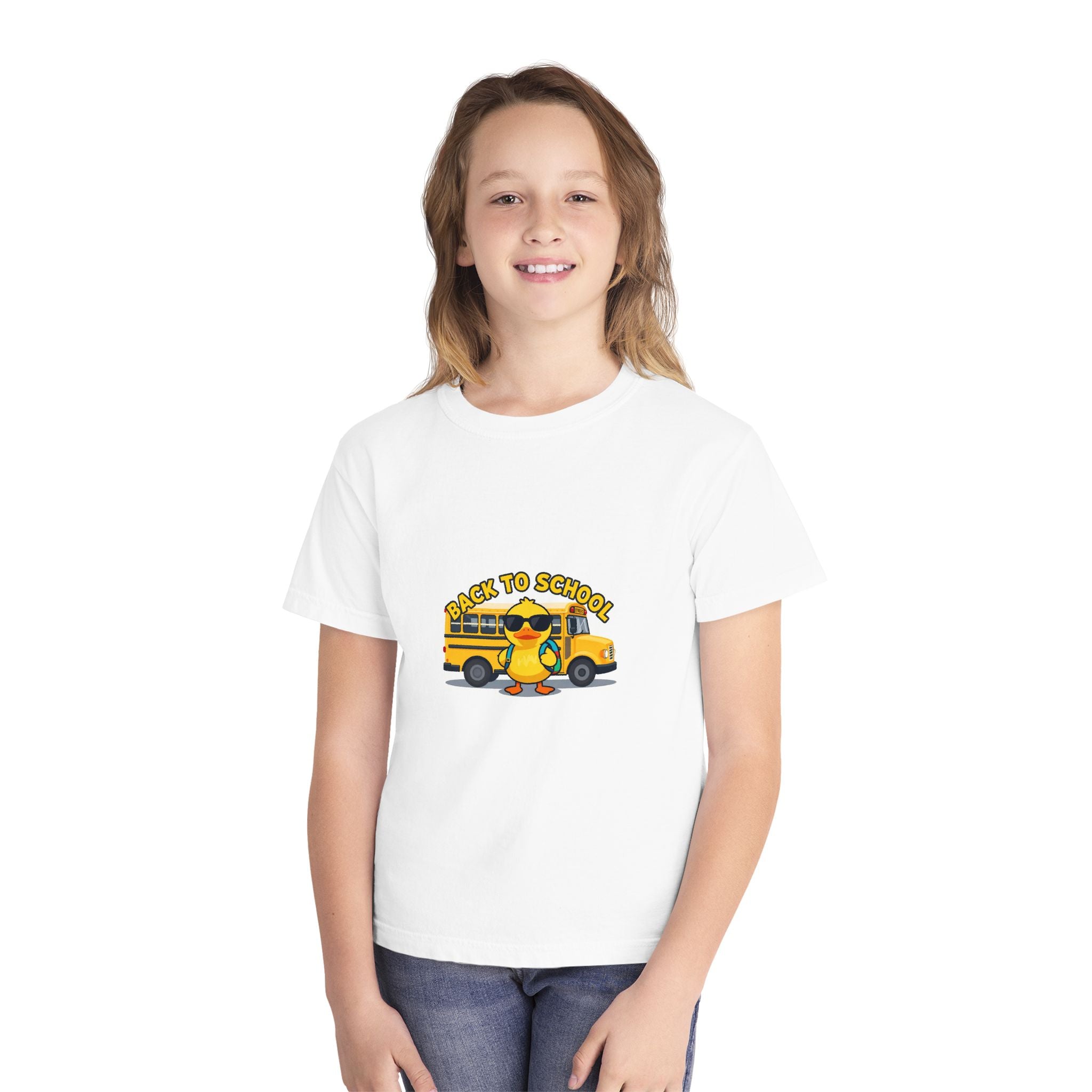 Back to School Youth Tee — Cute Duck & School Bus Kids Shirt