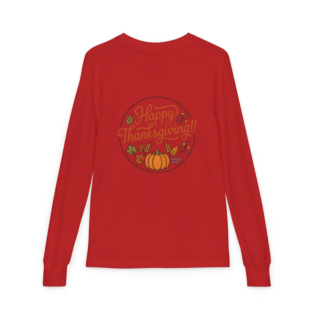 Thankful & Full Youth Long Sleeve Tee — Cute Turkey Thanksgiving Shirt