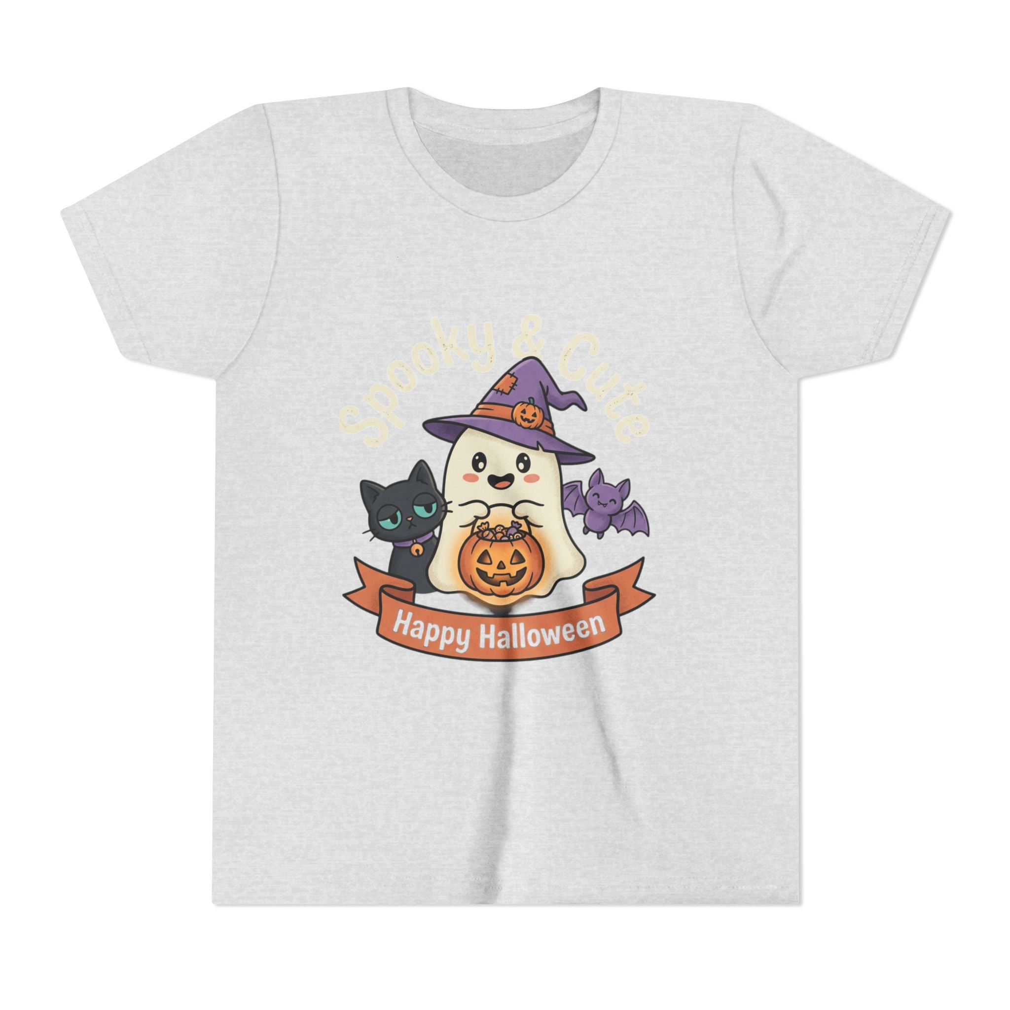 Youth Tee — "Spooky & Cute" Halloween Ghost with Black Cats Pumpkin