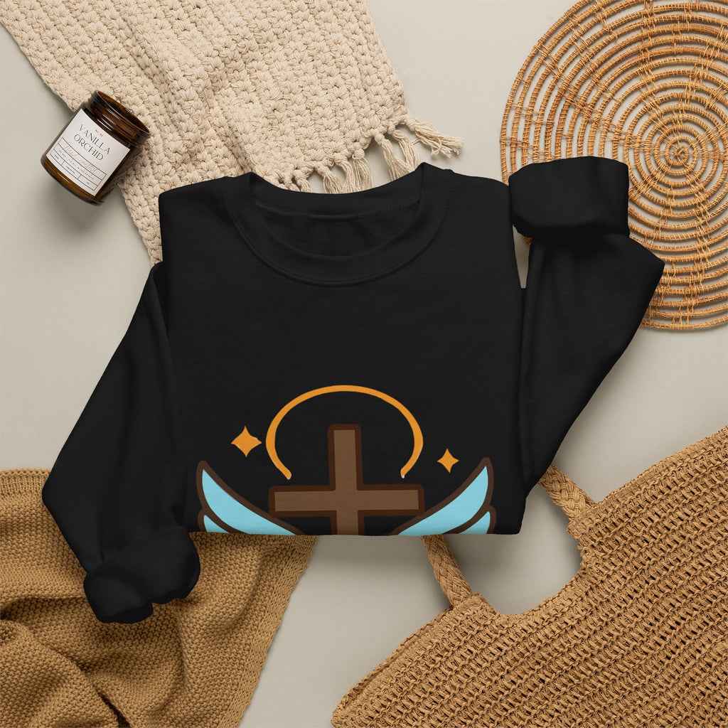 Christian Cross Sweatshirt — "Jesus Saved My Life" Crewneck with Wings & Roses