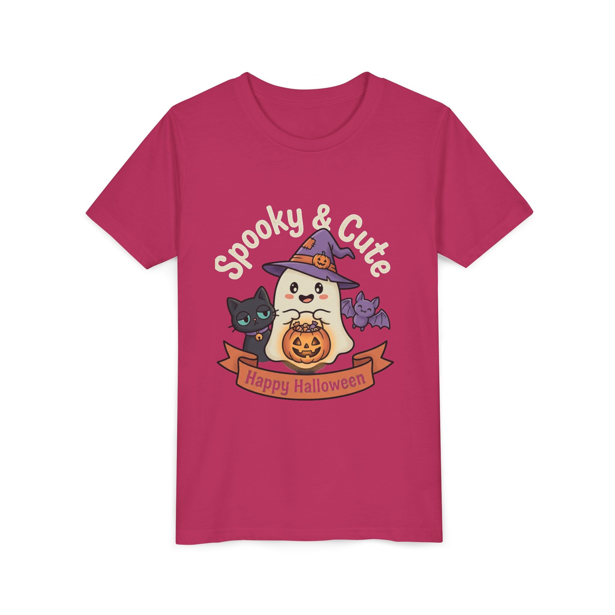 Youth Tee — "Spooky & Cute" Halloween Ghost with Black Cats Pumpkin