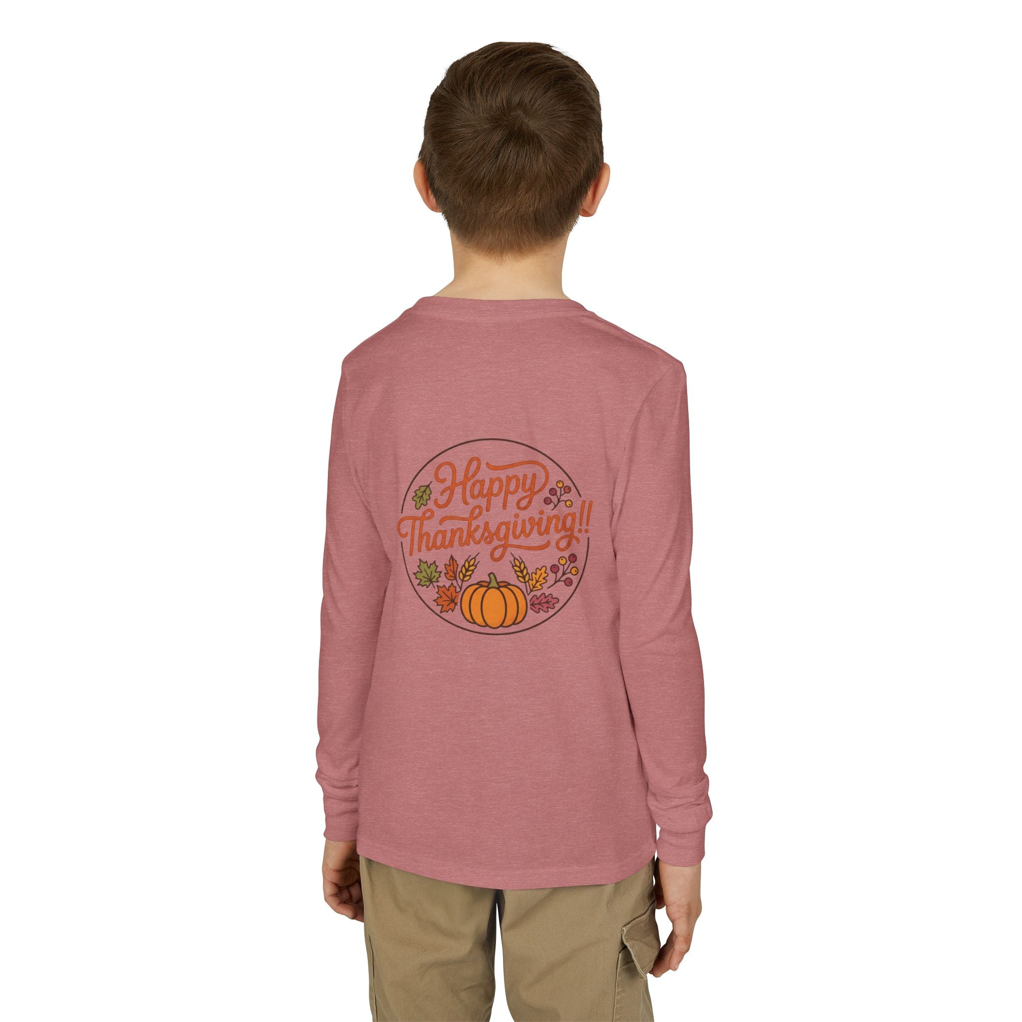 Thankful & Full Youth Long Sleeve Tee — Cute Turkey Thanksgiving Shirt