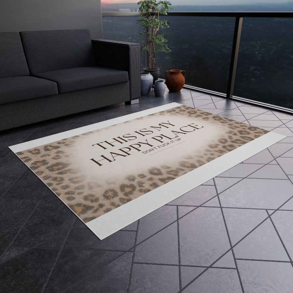 Outdoor Rug — "This Is My Happy Place" Leopard Print Doormat