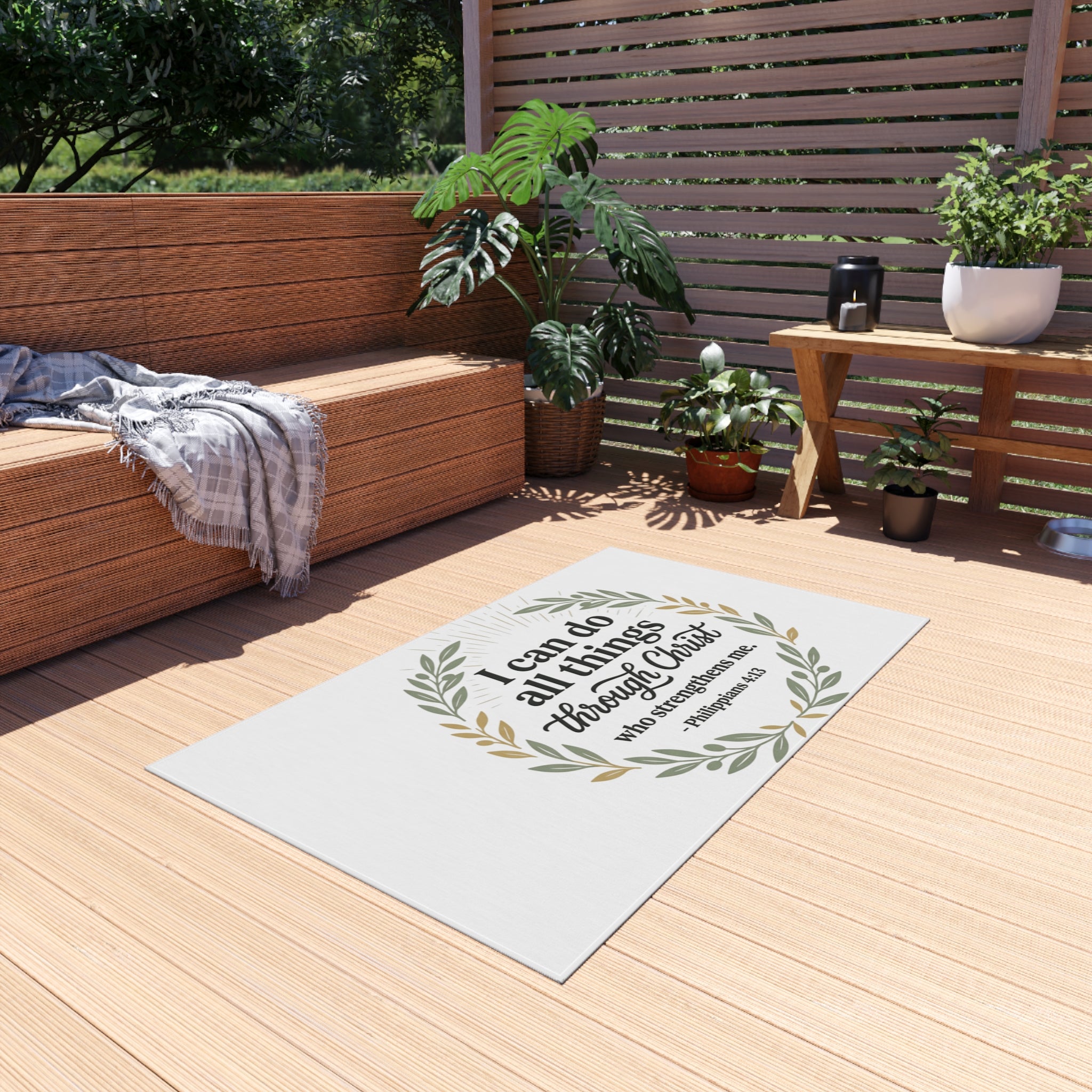 Philippians 4:13 Outdoor Rug — 'I Can Do All Things Through Christ' Wreath Doormat