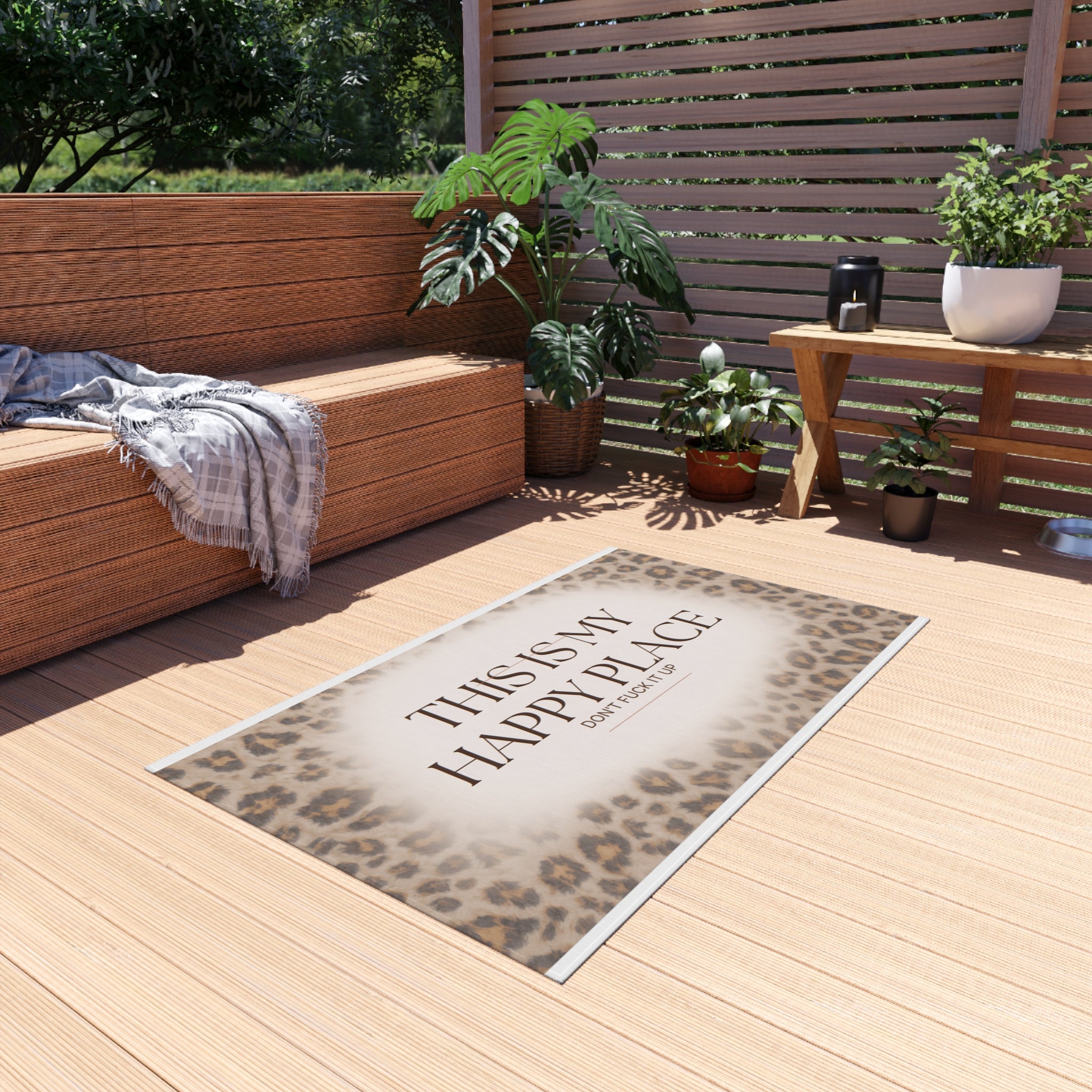 Outdoor Rug — "This Is My Happy Place" Leopard Print Doormat