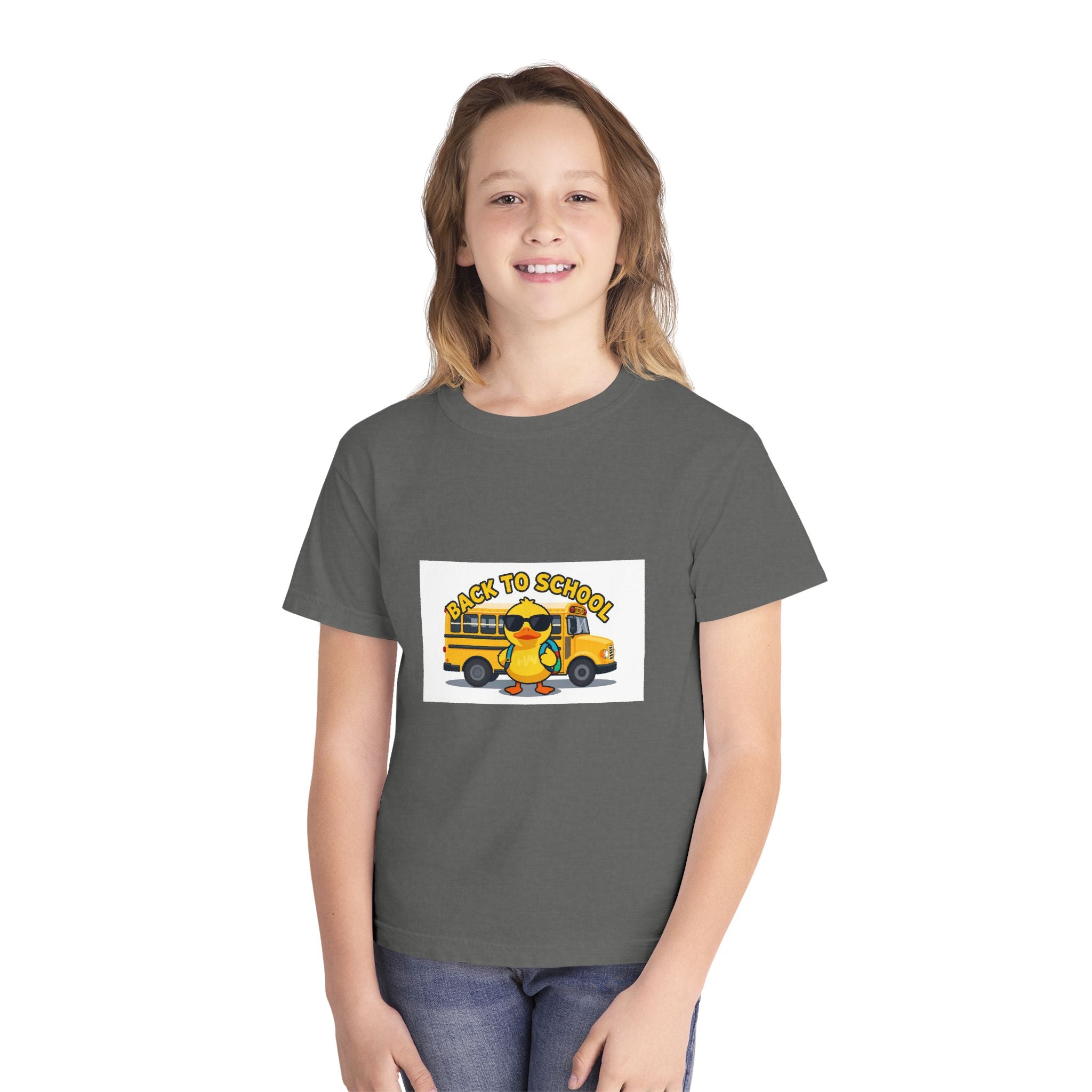 Back to School Youth Tee — Cute Duck & School Bus Kids Shirt