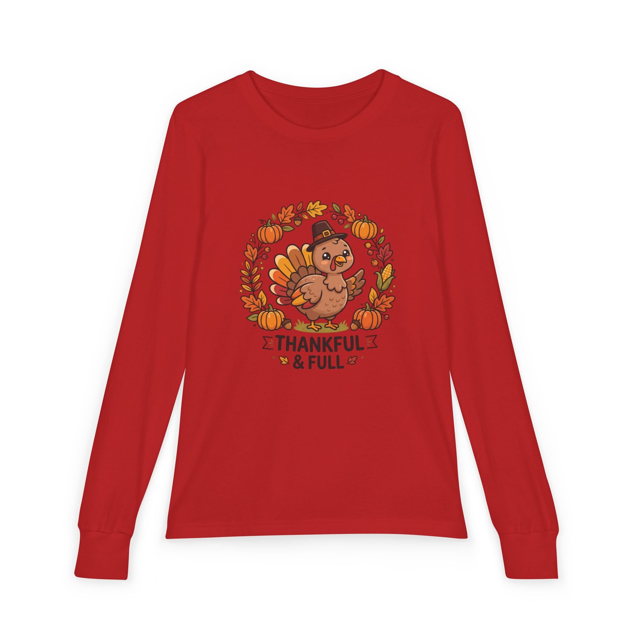 Thankful & Full Youth Long Sleeve Tee — Cute Turkey Thanksgiving Shirt