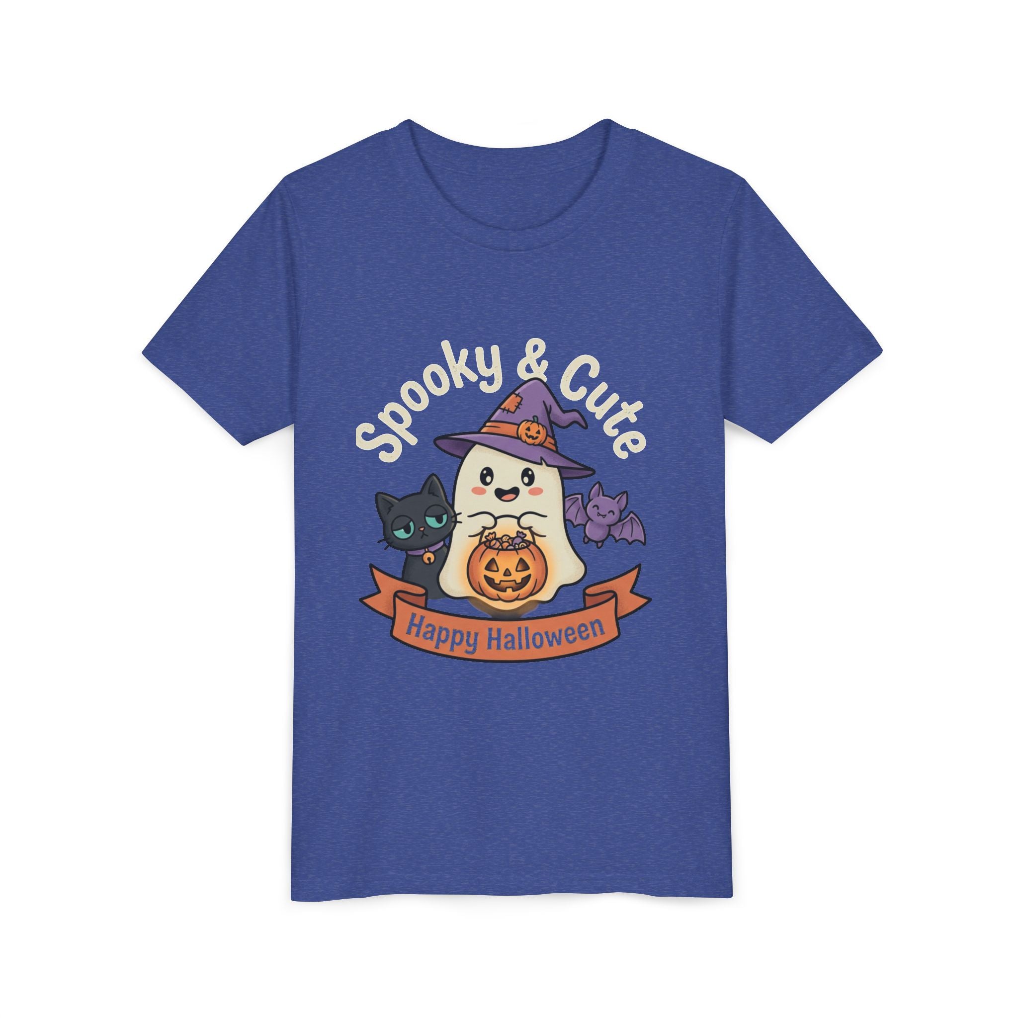 Youth Tee — "Spooky & Cute" Halloween Ghost with Black Cats Pumpkin