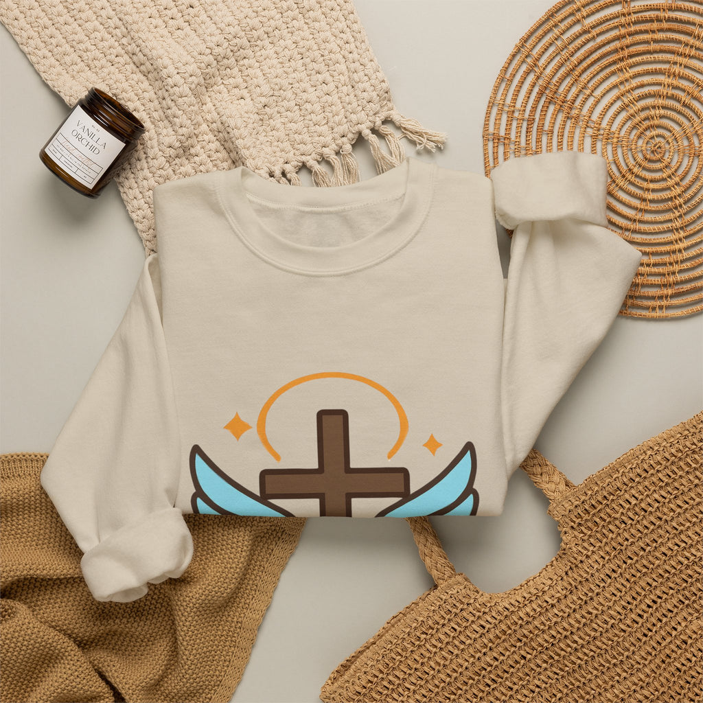 Christian Cross Sweatshirt — "Jesus Saved My Life" Crewneck with Wings & Roses