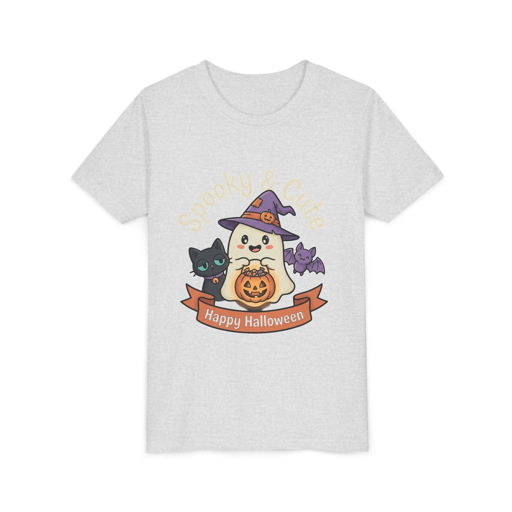 Youth Tee — "Spooky & Cute" Halloween Ghost with Black Cats Pumpkin