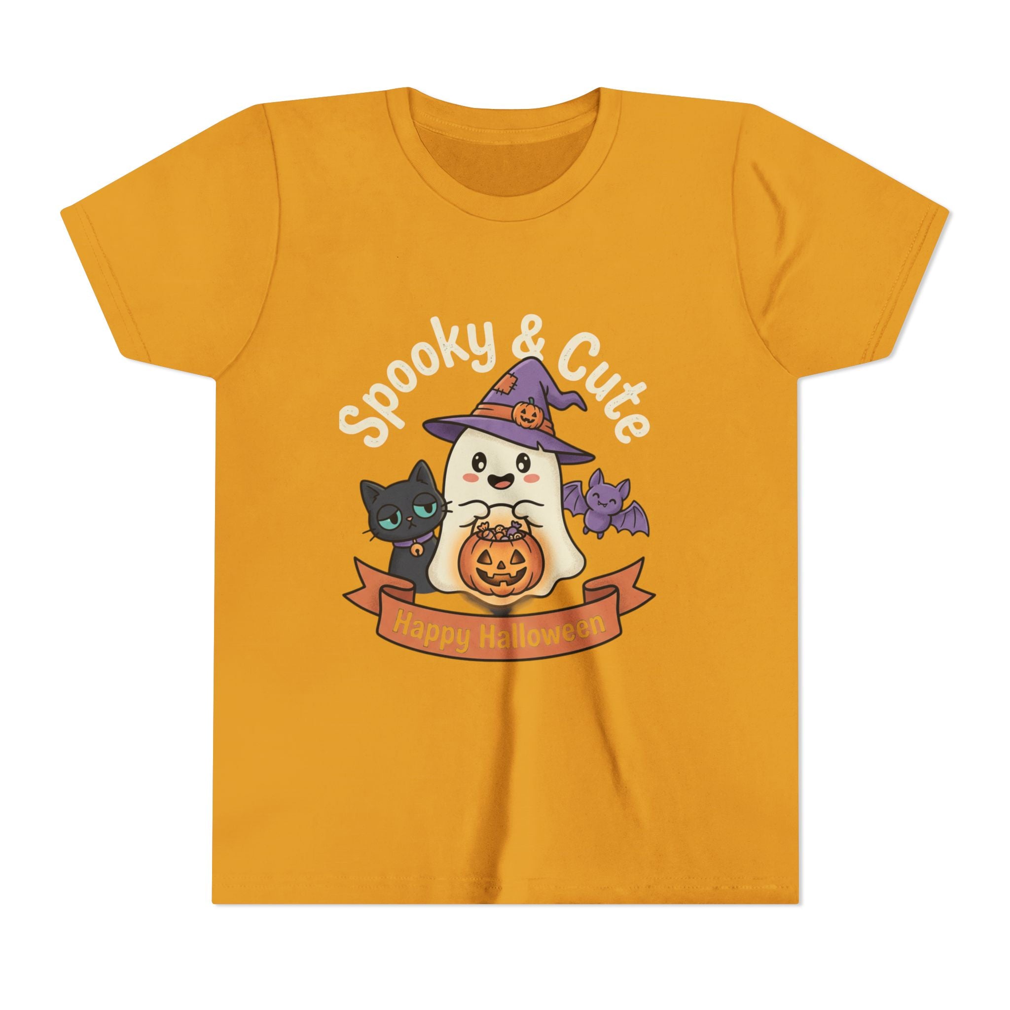 Youth Tee — "Spooky & Cute" Halloween Ghost with Black Cats Pumpkin