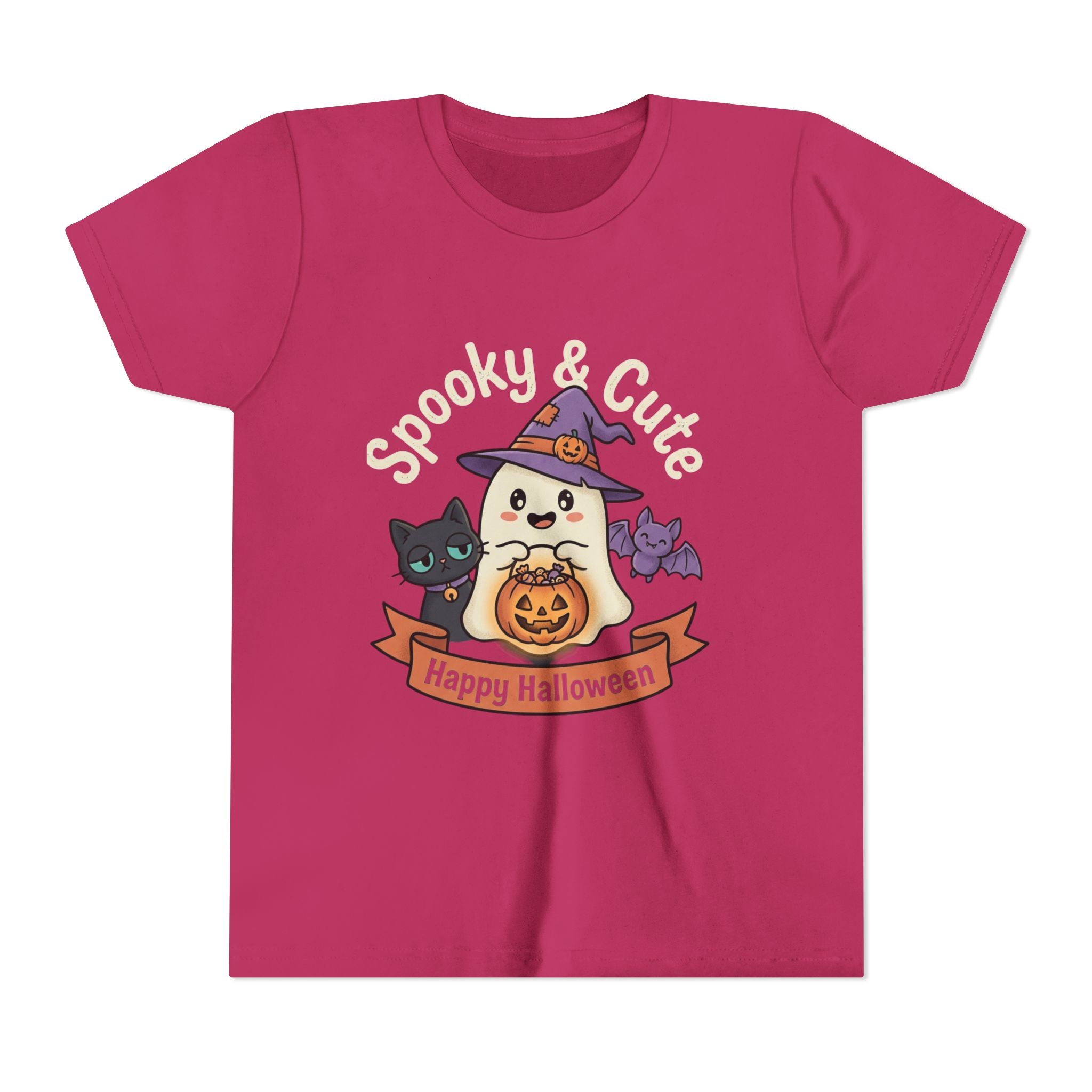 Youth Tee — "Spooky & Cute" Halloween Ghost with Black Cats Pumpkin