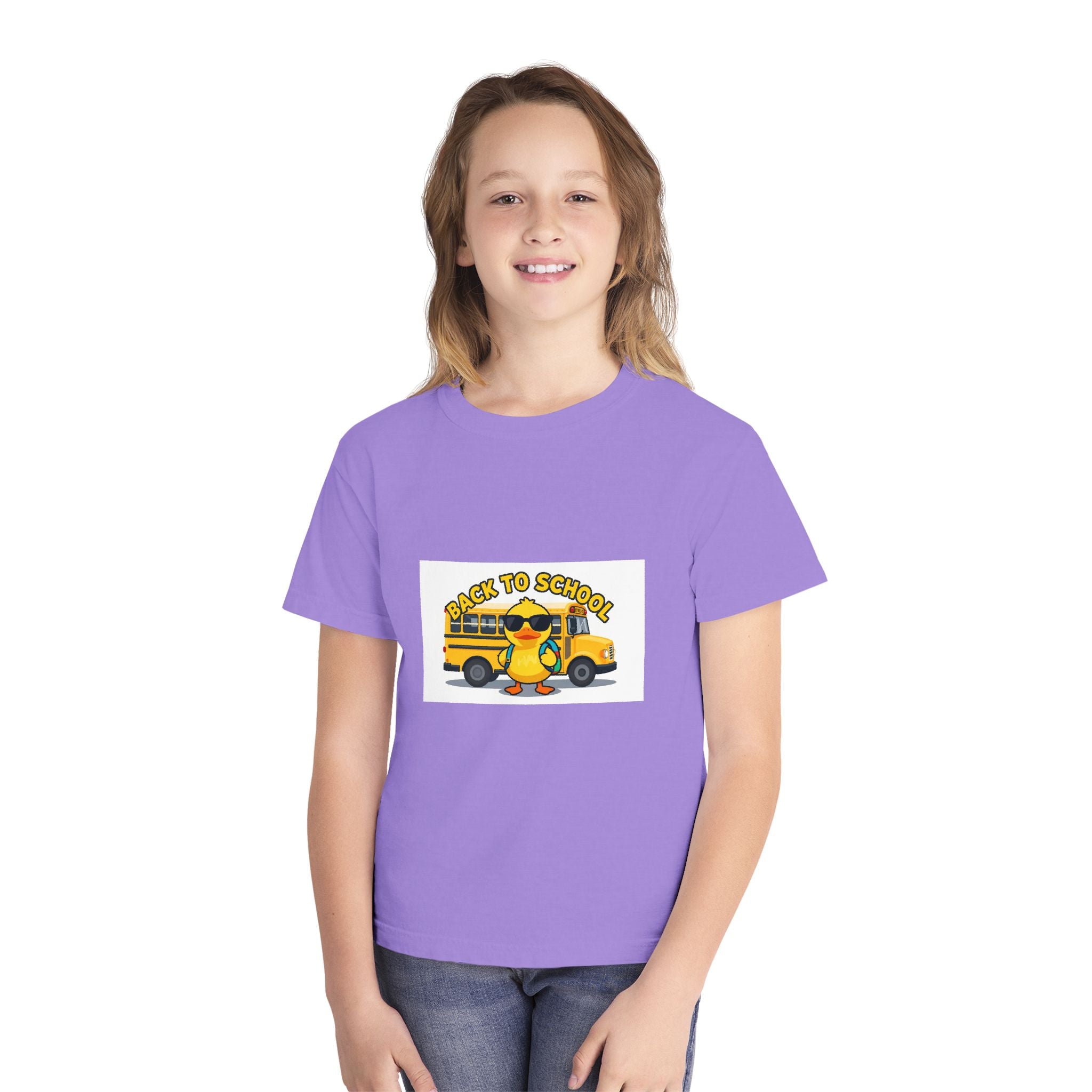 Back to School Youth Tee — Cute Duck & School Bus Kids Shirt