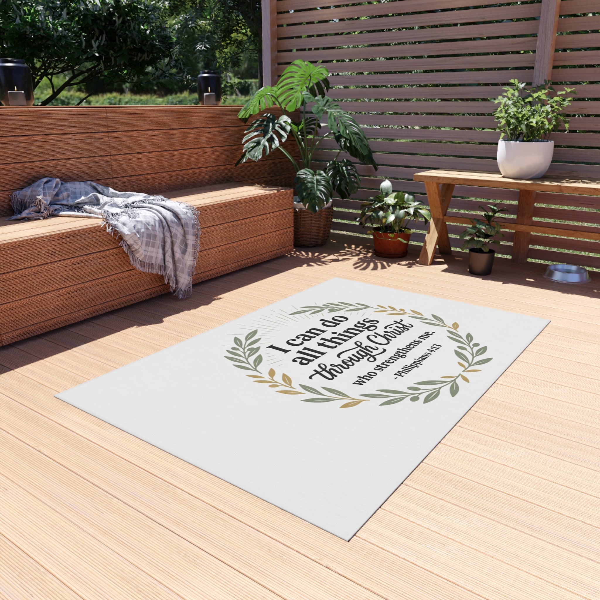 Philippians 4:13 Outdoor Rug — 'I Can Do All Things Through Christ' Wreath Doormat